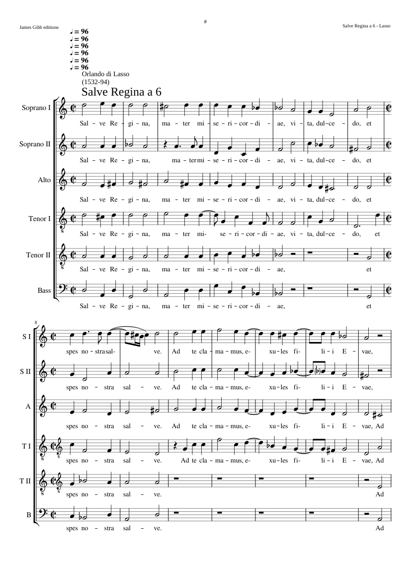 Salve Regina a 6 one of 3 6-part settings. This is the first (No. CCCLXII) of 3 published in Magnum opus musicum and has a homophonic opening.