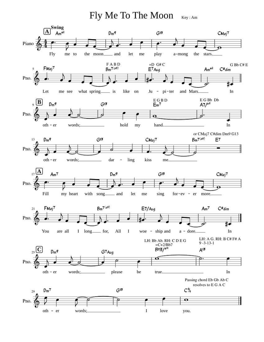 Fly Me To The Moon Lead Sheet With Lyrics Sheet Music For Piano Solo   Score 0 @850x1100