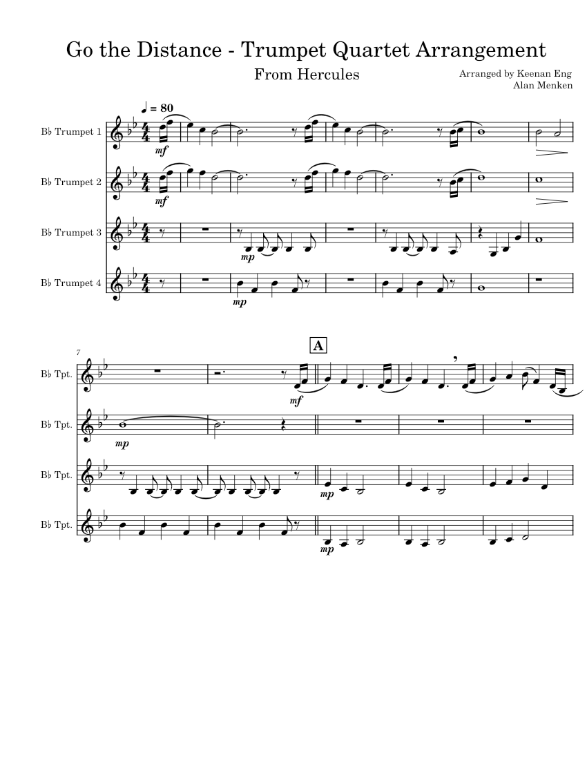 Go the Distance Trumpet Quartet Arrangement Sheet music for Trumpet