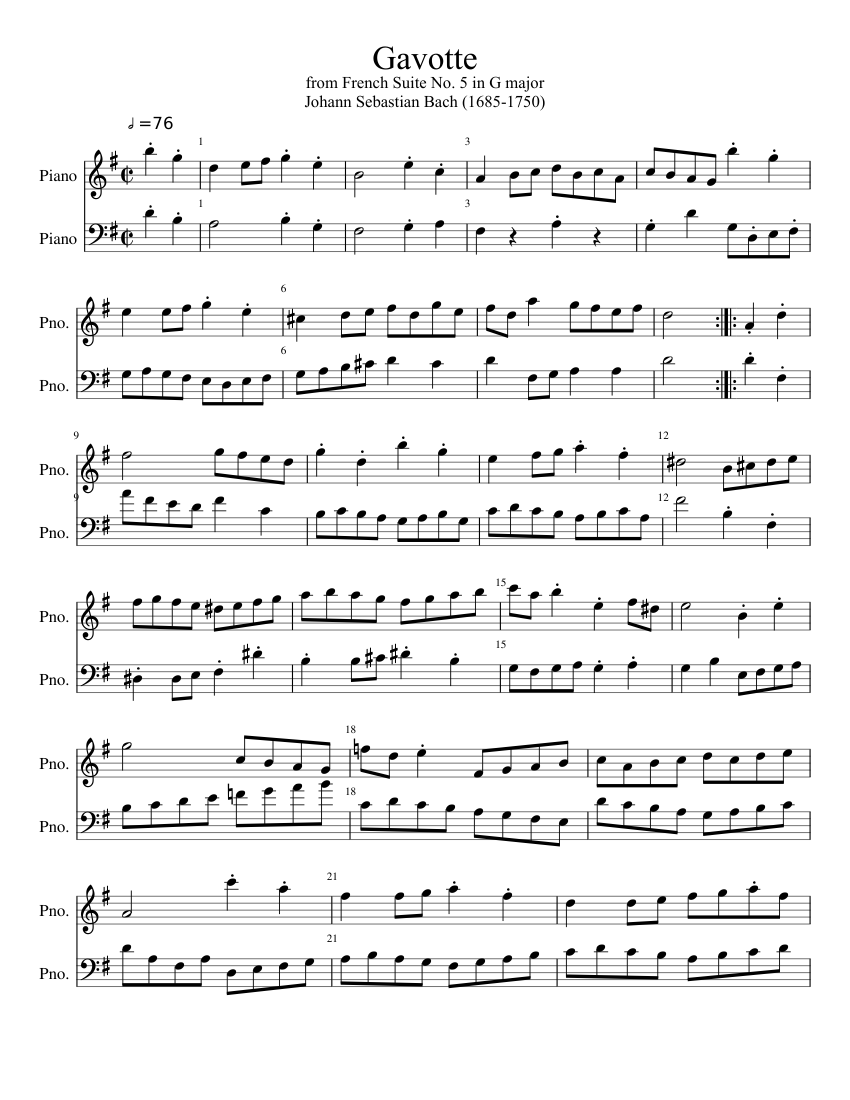 Bach's Gavotte from French Suite No. 5 Sheet music for Piano (Piano Duo) |  Musescore.com