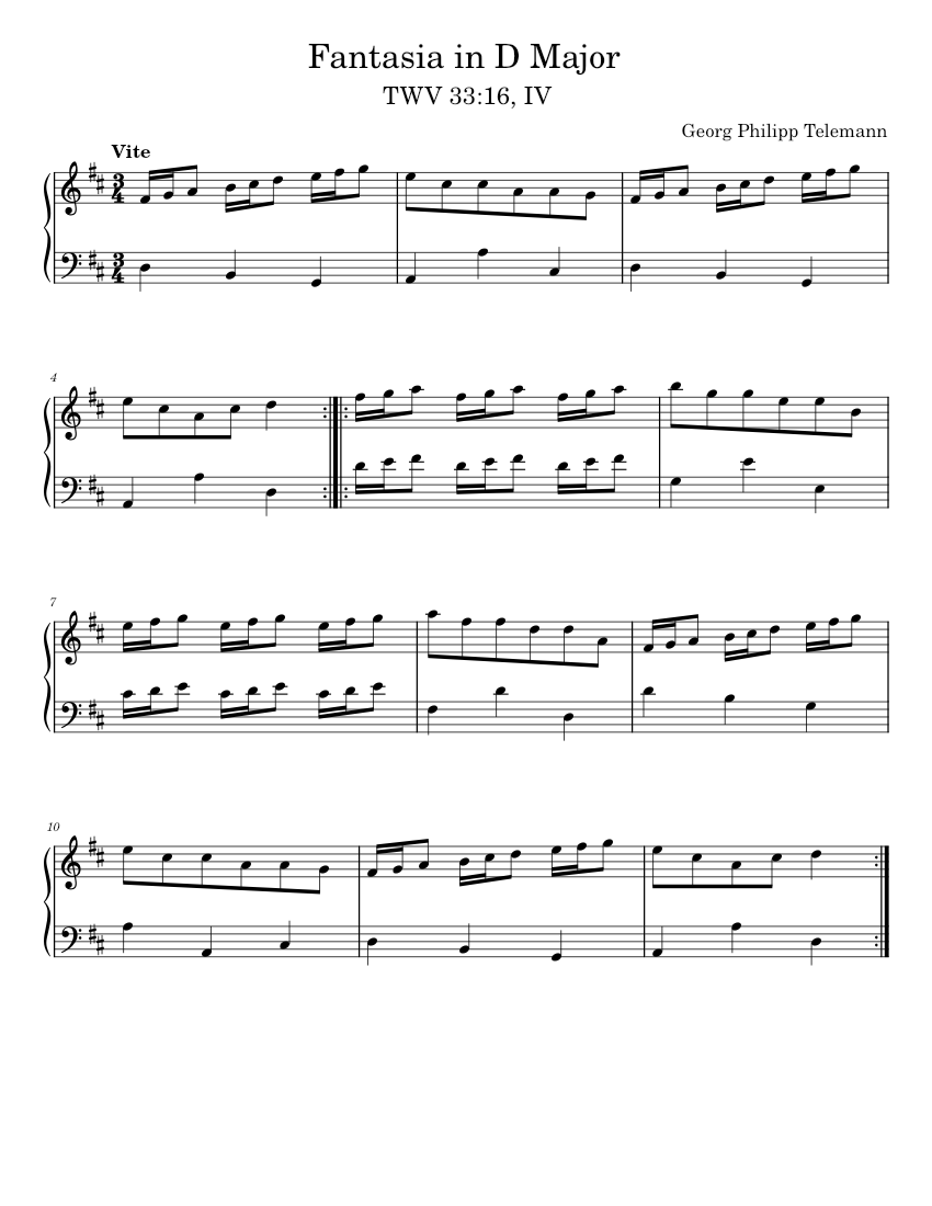 Fantasia in D Major - TWV 33:16, IV. Vite - Telemann Sheet music for Piano  (Solo) Easy | Musescore.com