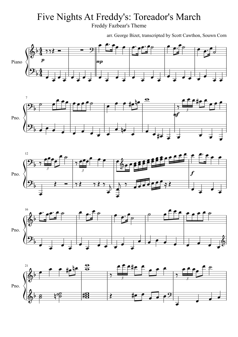 Five Night's At Freddy's: Carmen's Toreador's March Piano Sheet music for  Piano (Solo) | Musescore.com