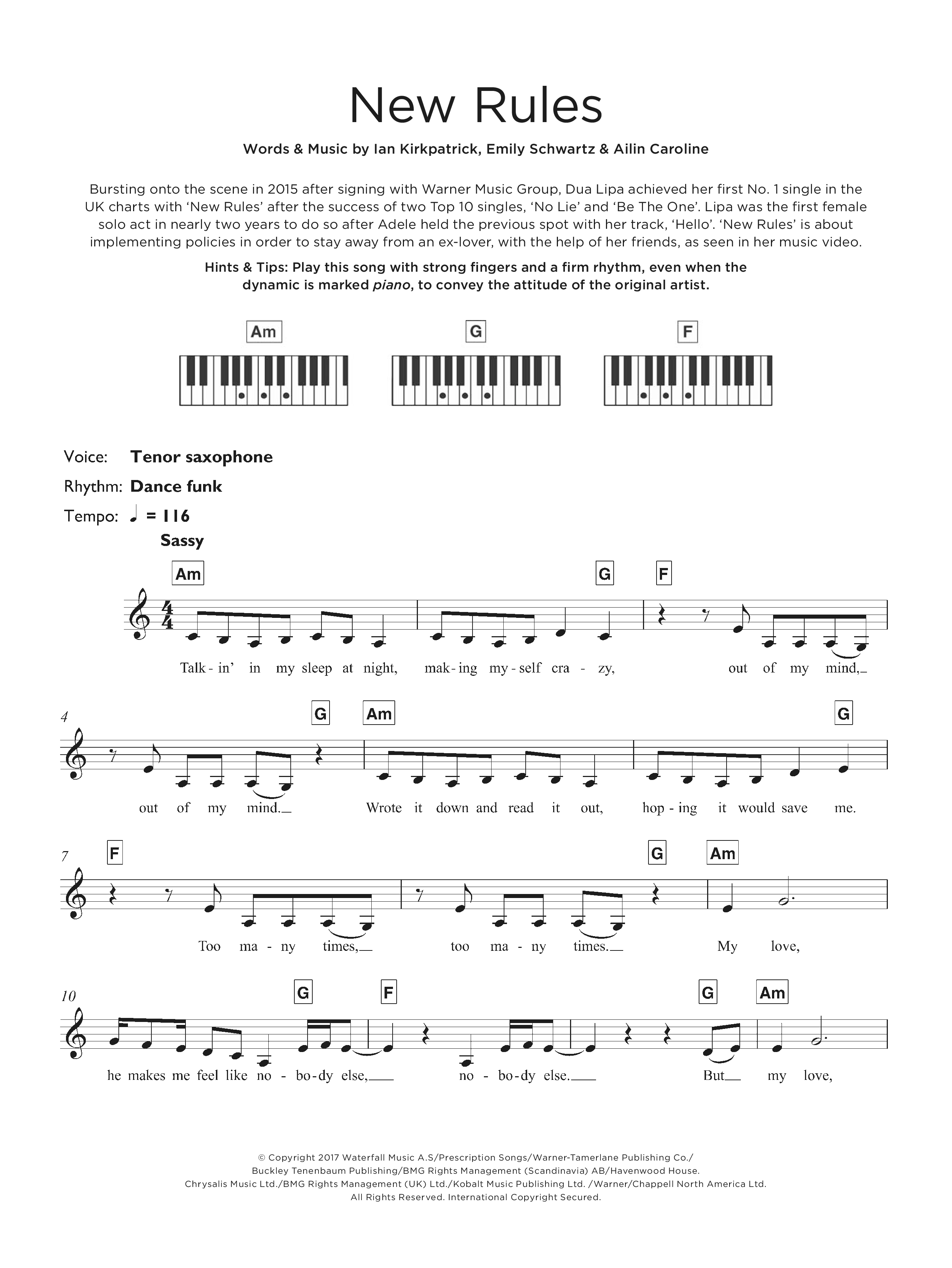 Play Official version of New rules sheet music by Dua Lipa for Piano ...
