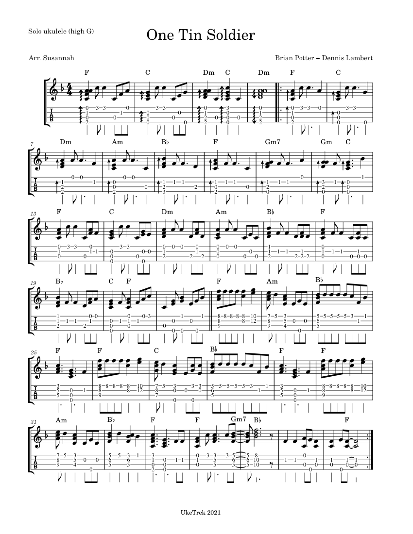 One Tin Soldier – Dennis Lambert And Brian Potter Sheet music for ...
