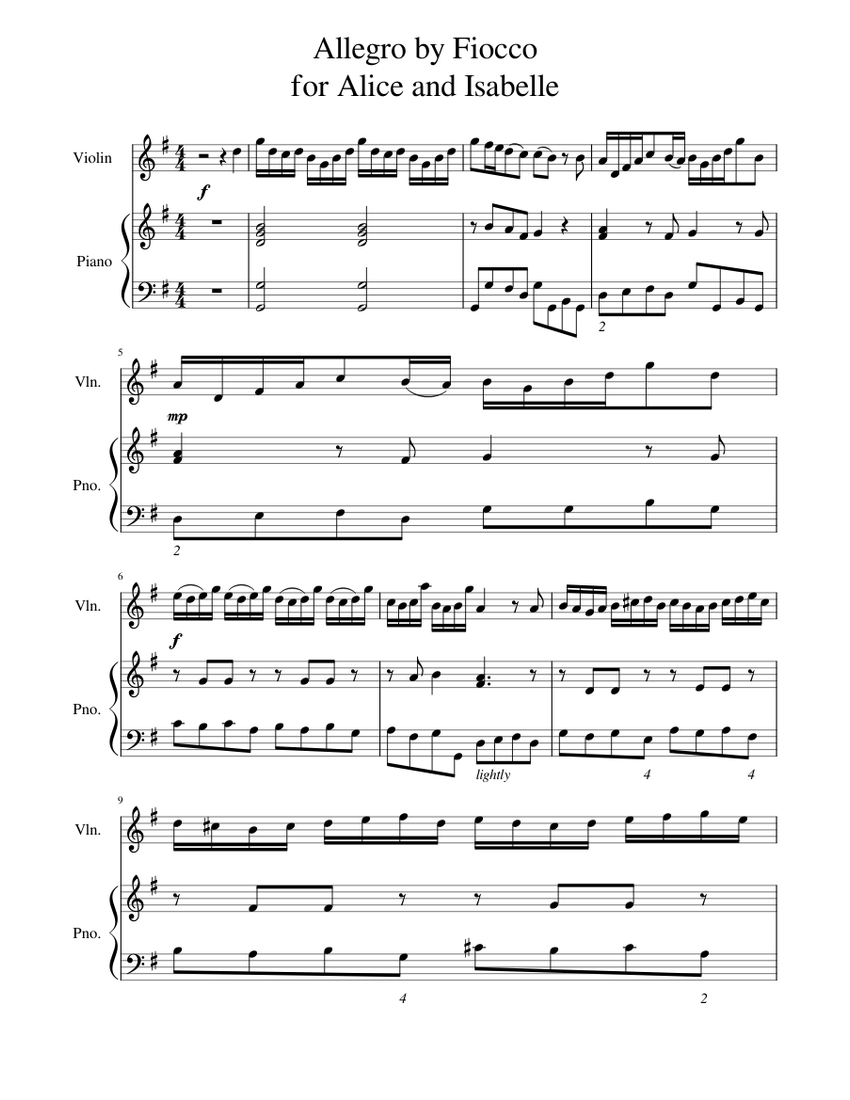 Allegro in G – Fiocco, Joseph-Hector Sheet music for Piano, Violin ...