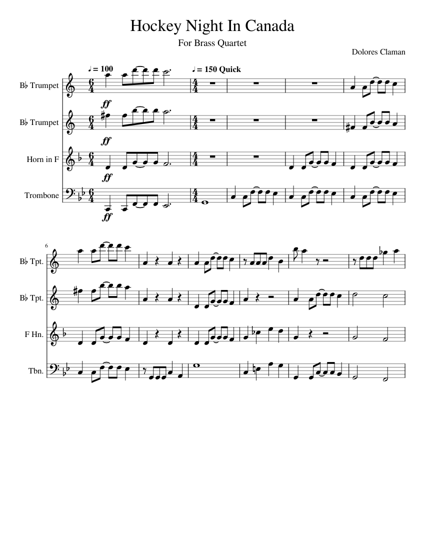 Hockey Night In Canada Brass Quartet Sheet Music For Trumpet In B Flat Trombone French Horn Brass Quartet Musescore Com