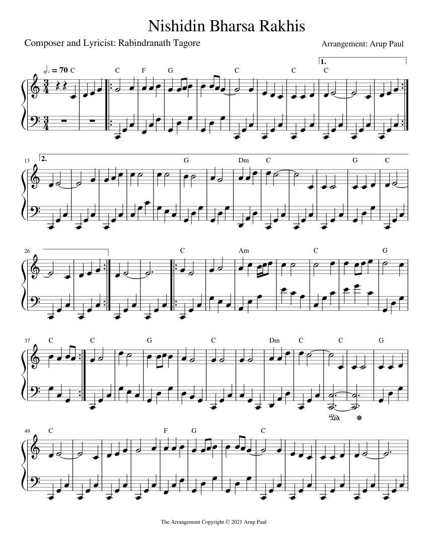 Allah Rakhi Partition Nishidin Bharsa Rakhis Rabindra Sangeet Piano Solo Version Staff ...