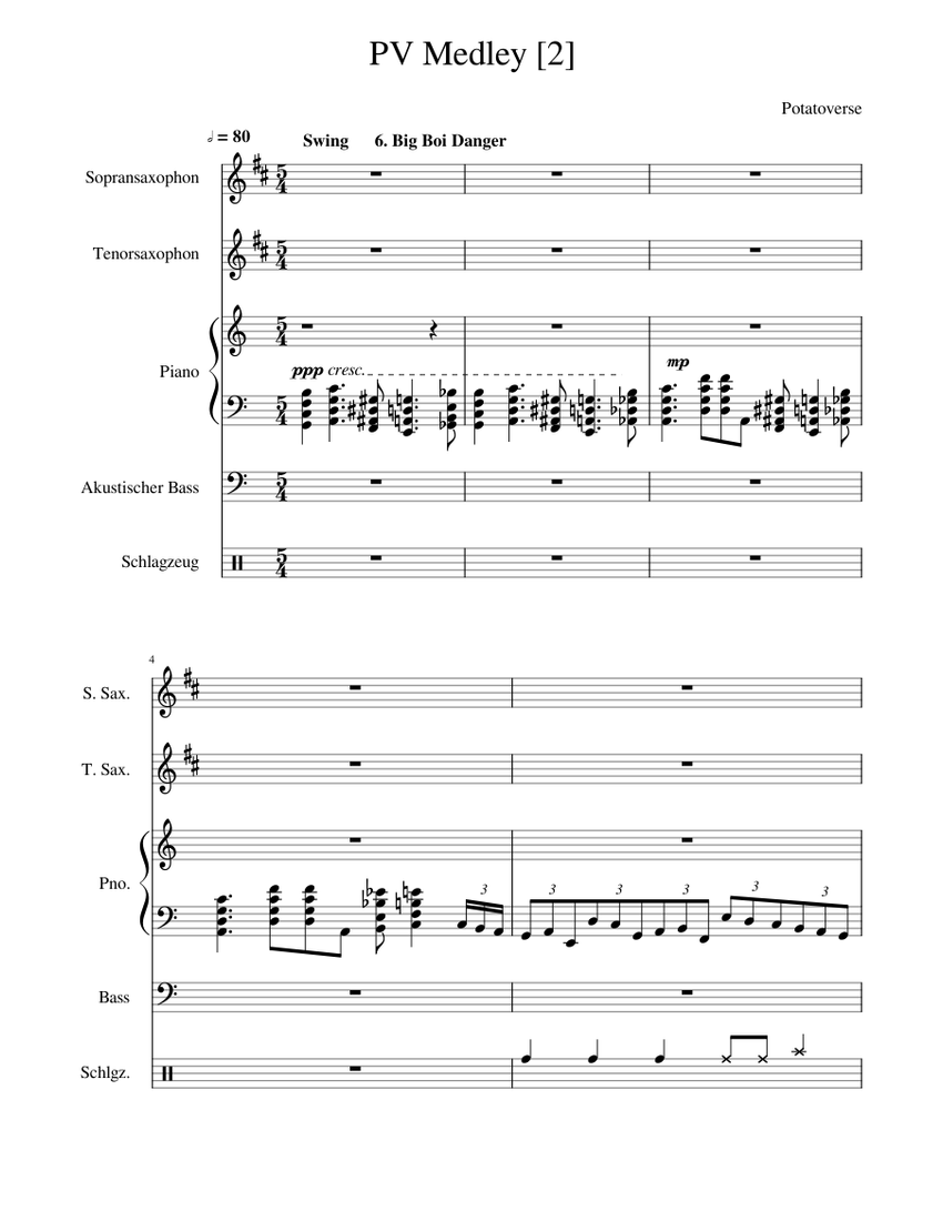 PV Medley [2] Sheet music for Piano, Saxophone tenor, Bass guitar, Drum ...