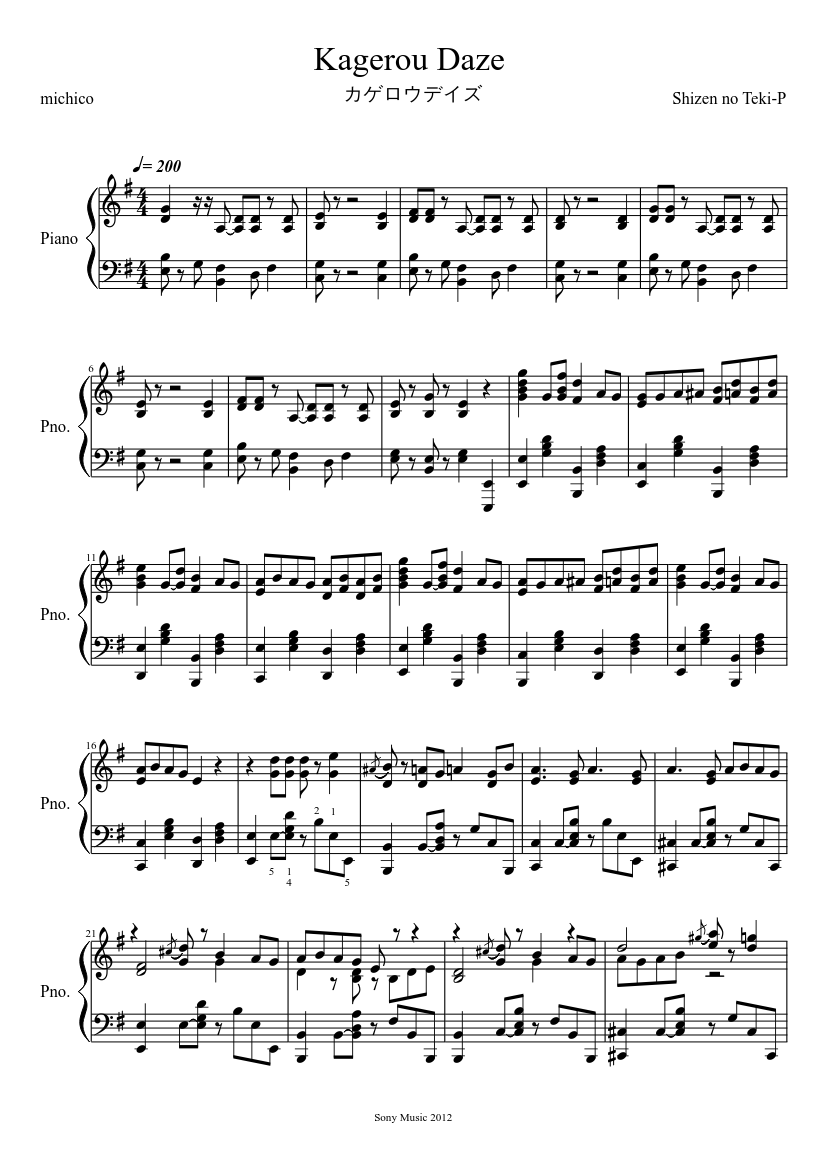 Kagerou Days Wip Sheet Music For Piano Solo Musescore Com