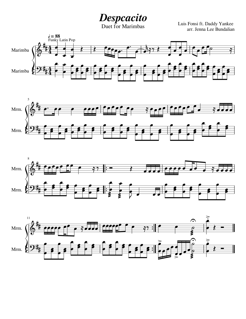 Despacito (Marimba Duet) Sheet music for Marimba (Percussion Duet ...
