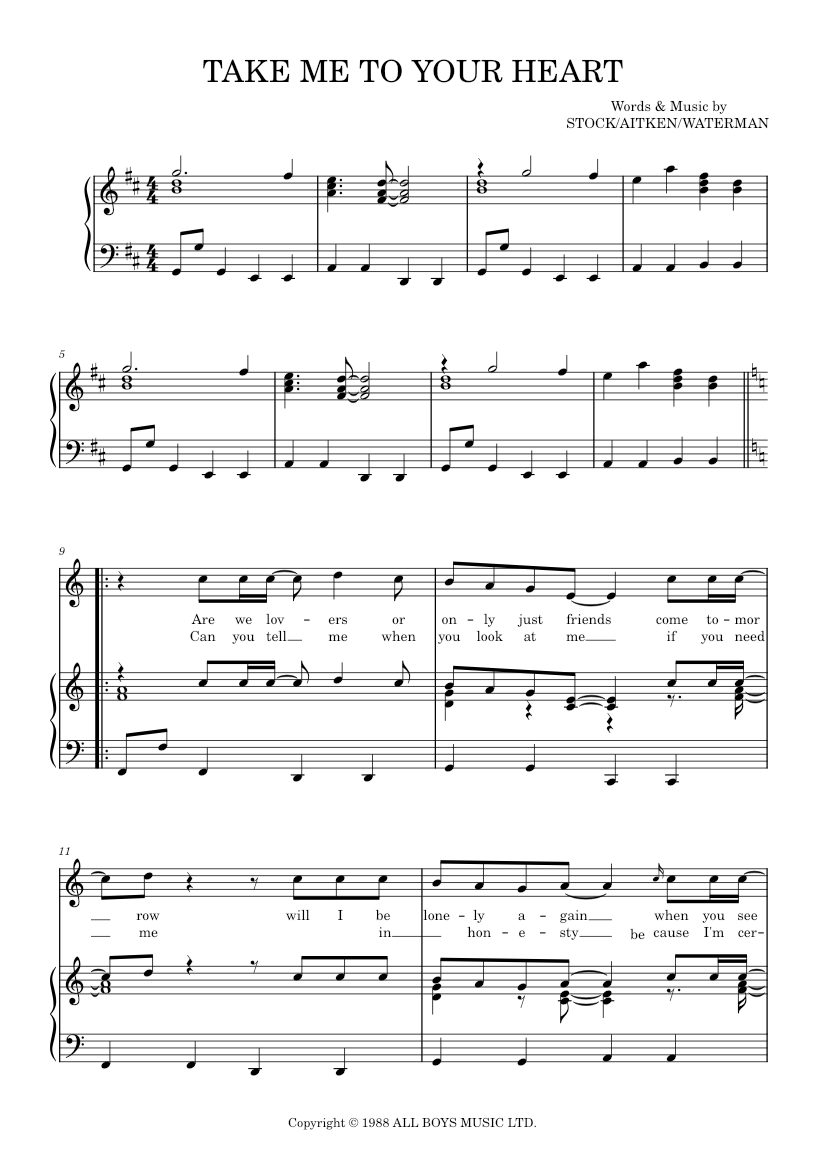Take Me To Your Heart Rick Astley Sheet Music for