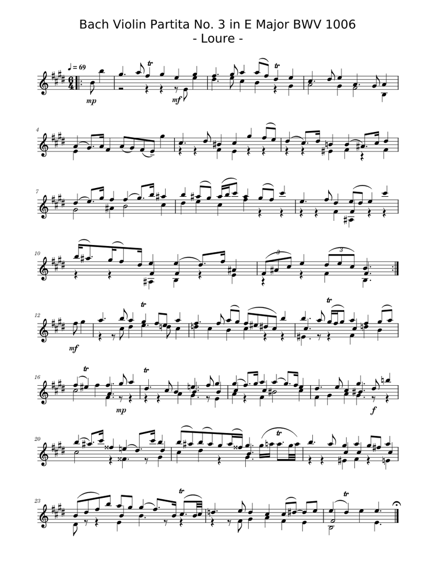 Violin Partita No. 3 in E Major BWV 1006 - Loure - Bach Sheet music for ...