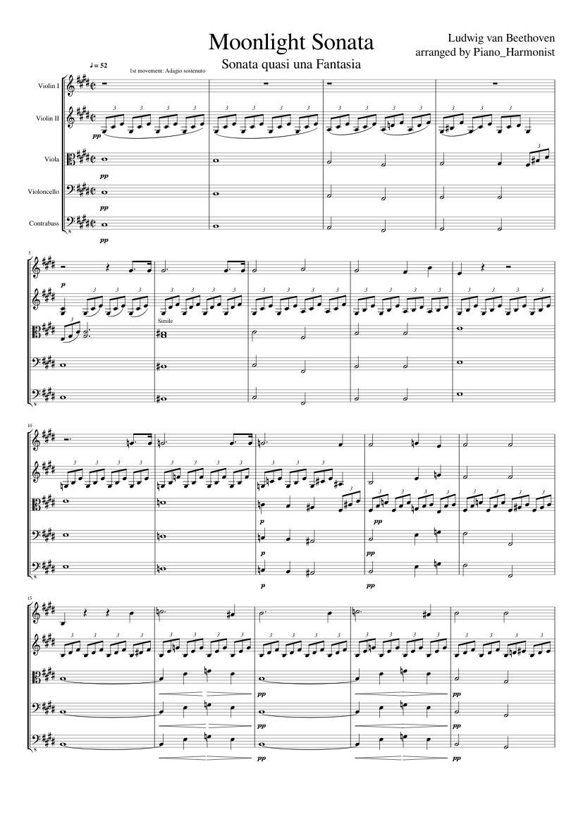 Beethoven ‘Moonlight’ Sonata Arrangement For String Quartet Full Score & Parts 