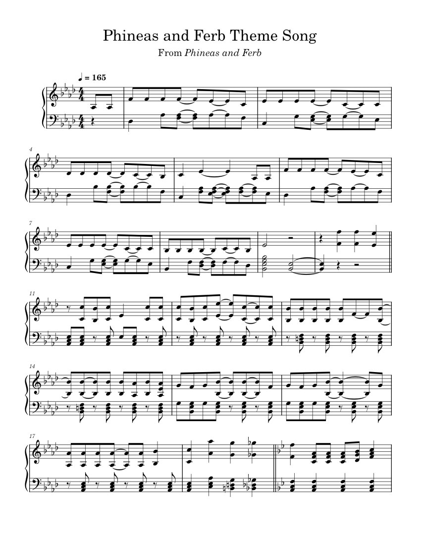 Phineas and Ferb Theme Song from Phineas and Ferb Sheet Music for Piano ...