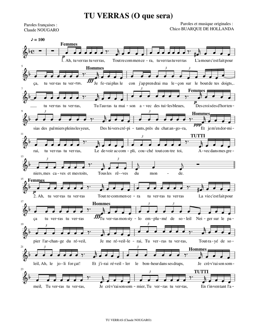 Tu verras (O que sera) - Nougaro (2 voix MuseScore) Sheet music for Piano  (SATB) | Musescore.com