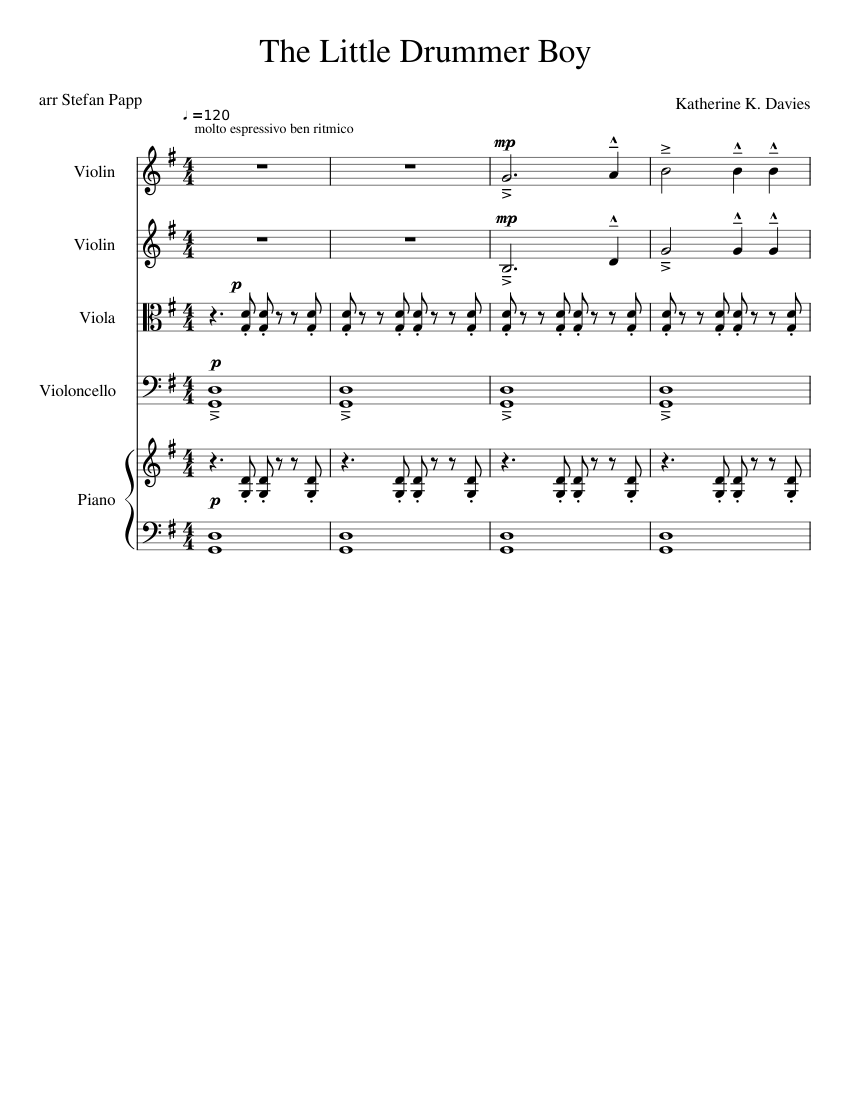 The Little Drummer Boy Sheet music for Piano, Violin, Cello, Viola ...