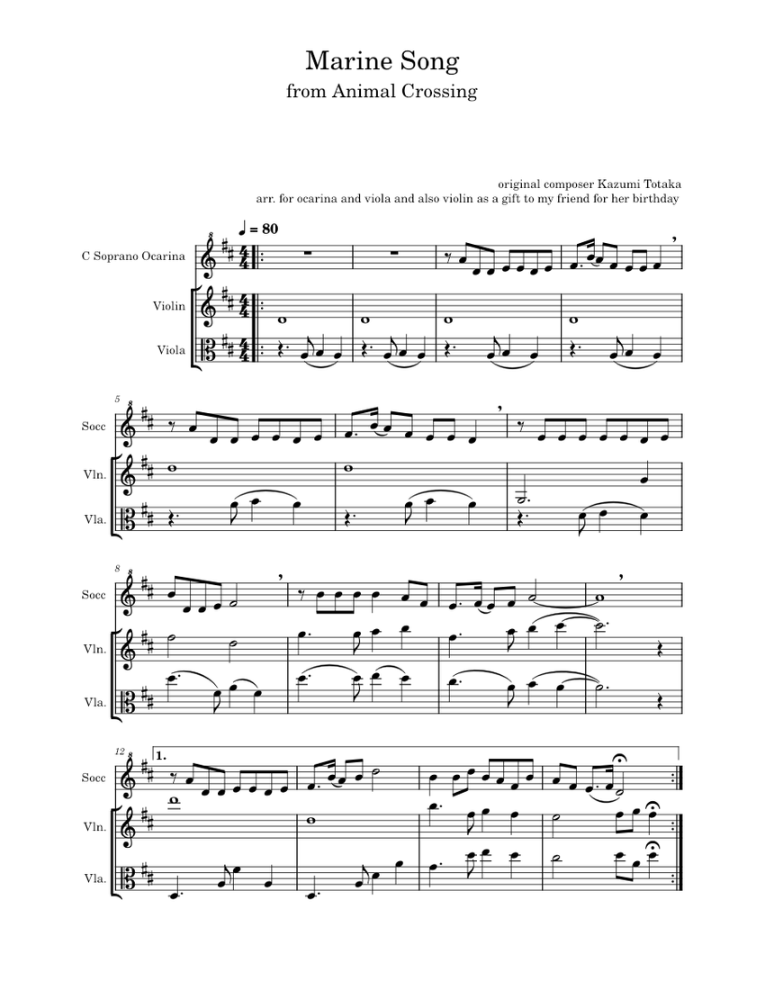 Marine Song ACNH for Ocarina, Violin, and Viola Sheet music for Violin