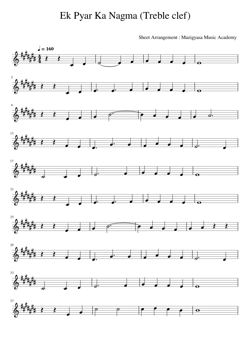 Ek Pyar Ka Nagma Treble clef Sheet Music for Piano (Solo) easy ...