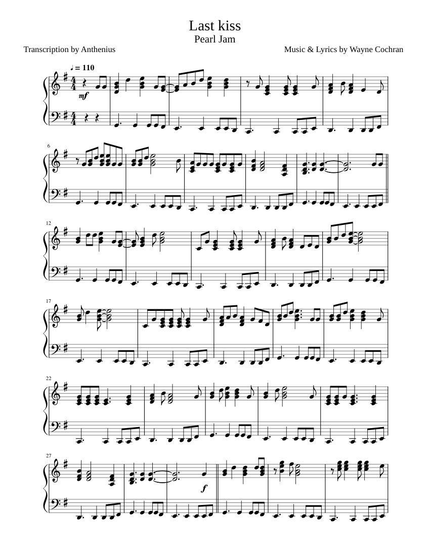 Last Kiss - Pearl Jam Sheet music for Piano (Solo) | Musescore.com