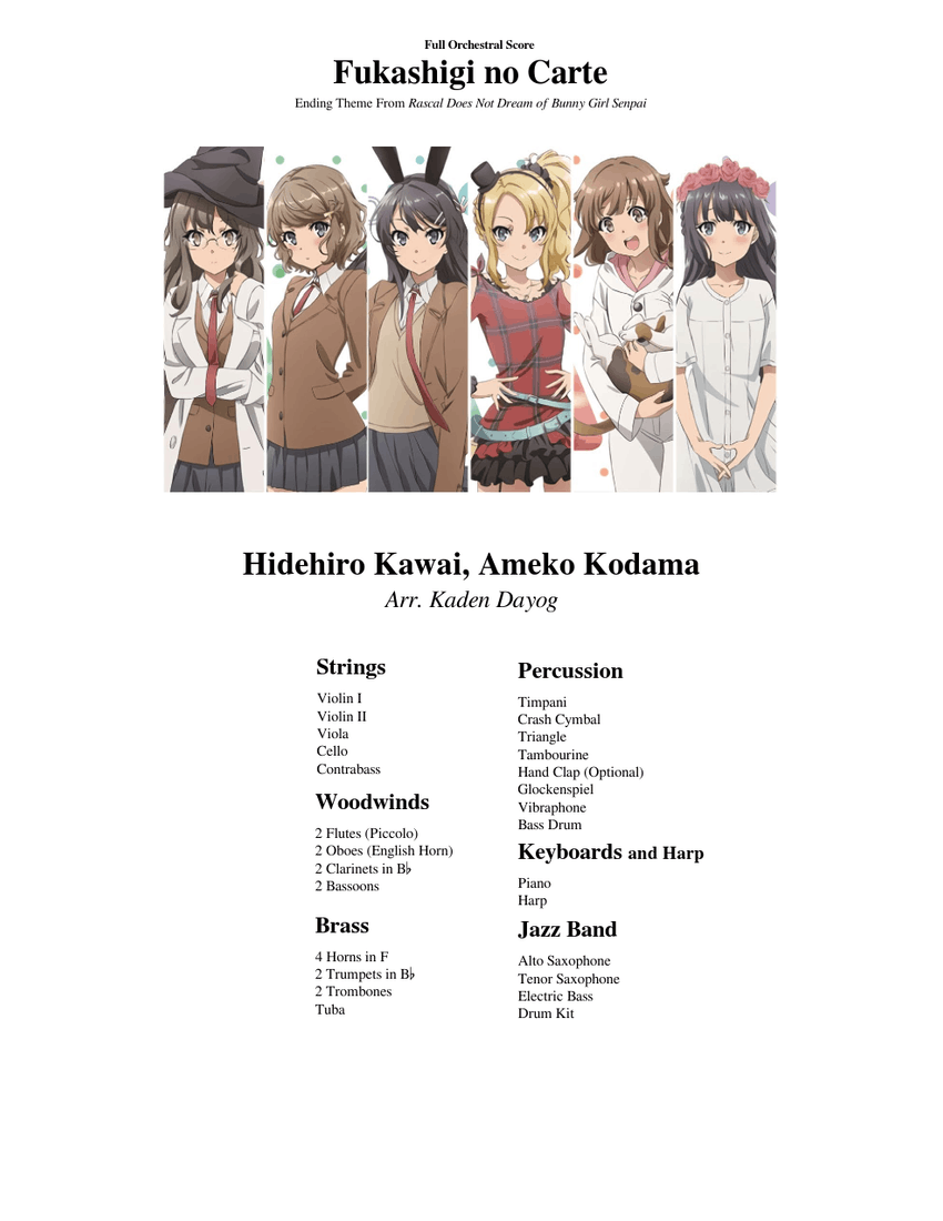 Fukashigi No Carte Bunny Girl Senpai Ending Theme Orchestral Arrangement Sheet Music For Piano Trombone Tuba Tambourine Flute Oboe Clarinet In B Flat Bassoon Saxophone Alto Saxophone Tenor Trumpet In B Flat French