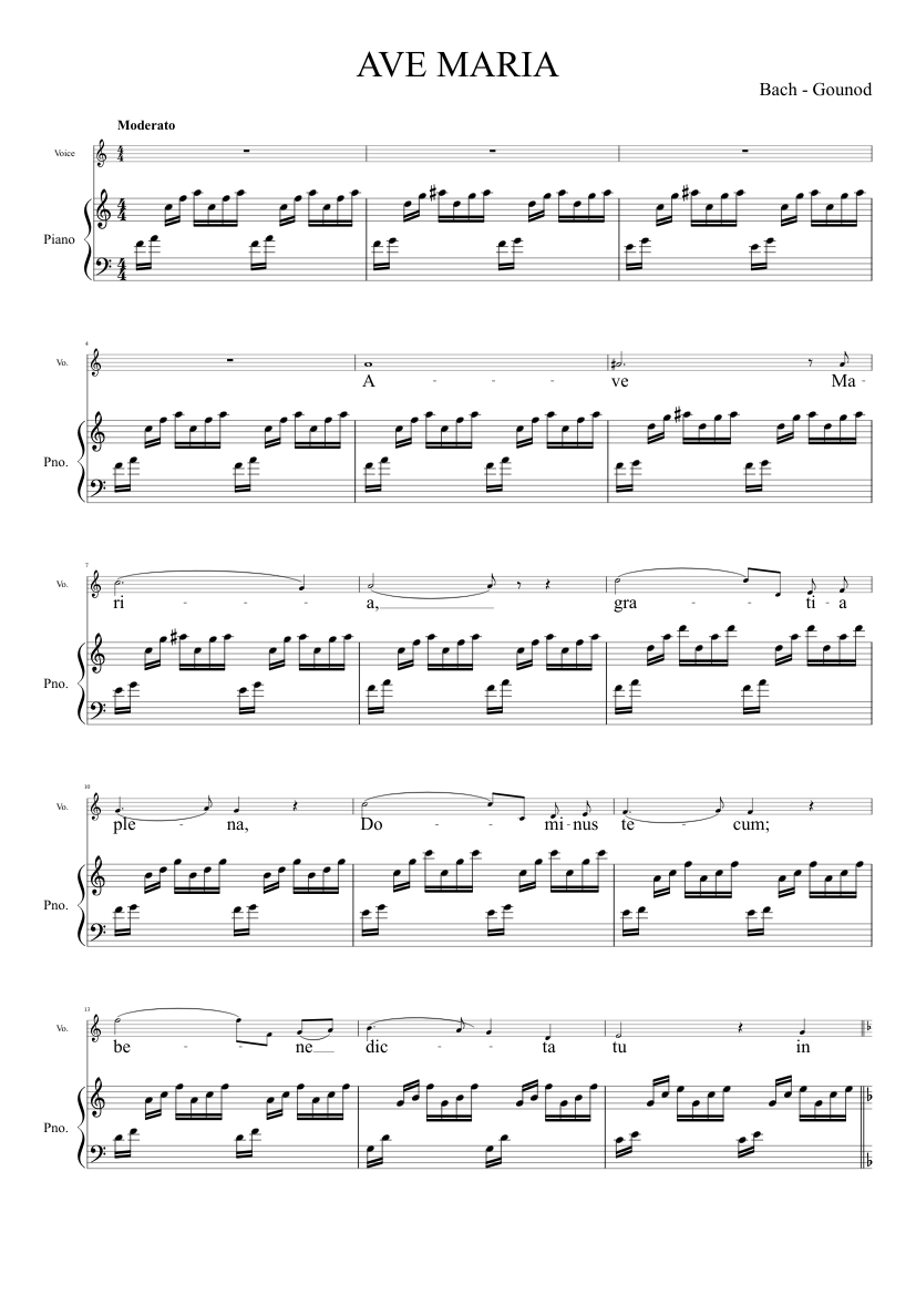 AVE MARIA bach gounod (vocals start on A) Sheet music for Piano, Voice  (other) (Piano-Voice) | Musescore.com