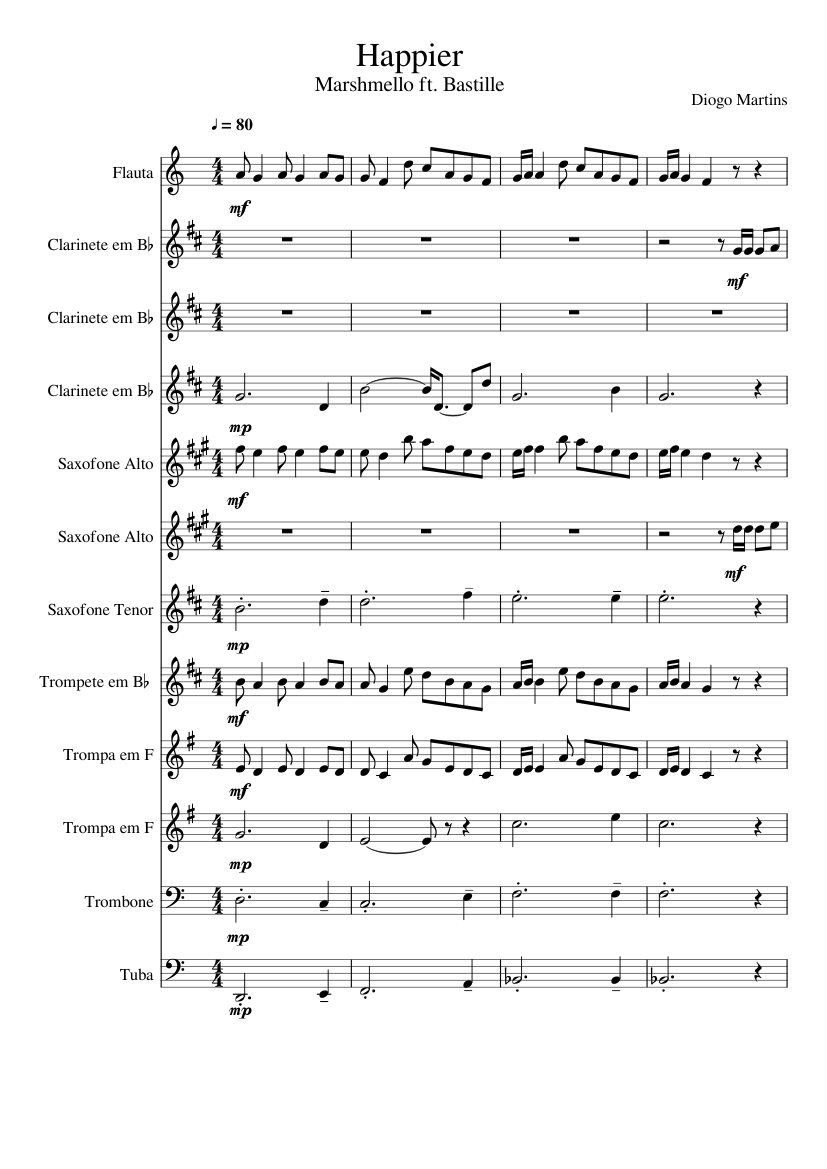Happier Marshmello ft. Bastille Sheet Music for Trombone, Tuba, Flute ...