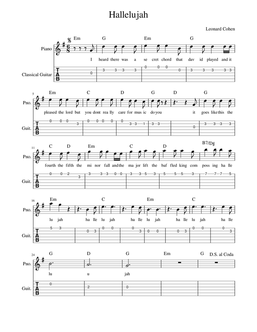 Hallelujah Sheet music for Piano, Guitar (Mixed Duet) | Musescore.com