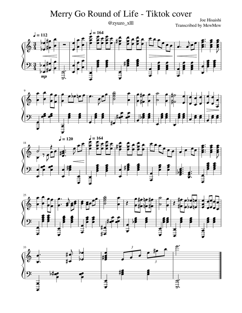 Merry Go Round of Life - Tiktok version (Howl's Moving Castle) Sheet music  for Piano (Solo) | Musescore.com
