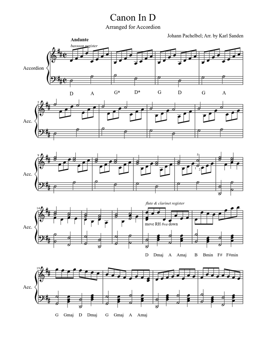 Canon in D (Pachelbel - arranged for accordion) Sheet music for