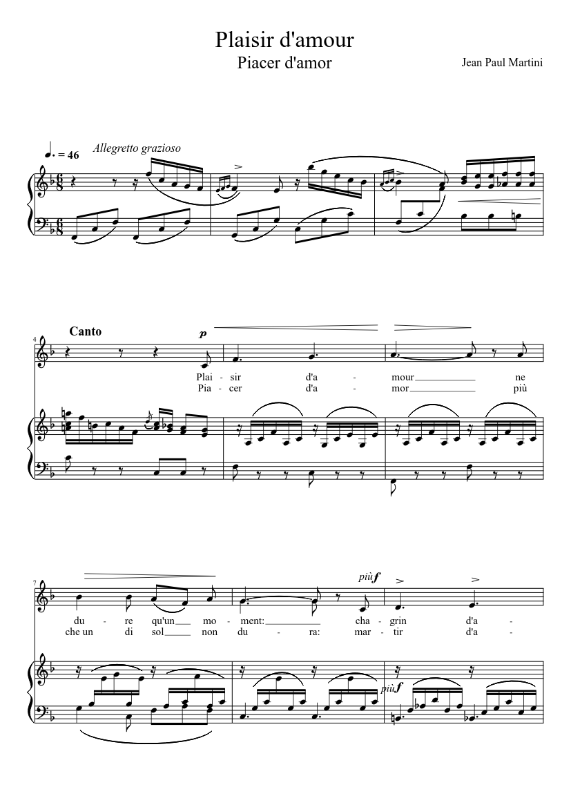 Plaisir d'amour (Piacer d'amor) Sheet music for Piano, Vocals (Piano-Voice)  | Musescore.com