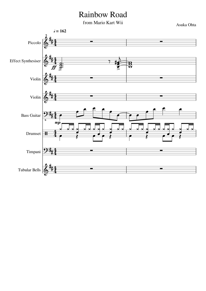 Mario Kart Wii - Rainbow Road Sheet music for Flute piccolo, Timpani,  Violin, Bass guitar & more instruments (Mixed Ensemble) | Musescore.com