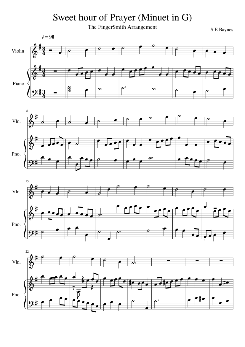 Sweet Hour Of Prayer Minuet In G Sheet Music For Piano Violin Solo