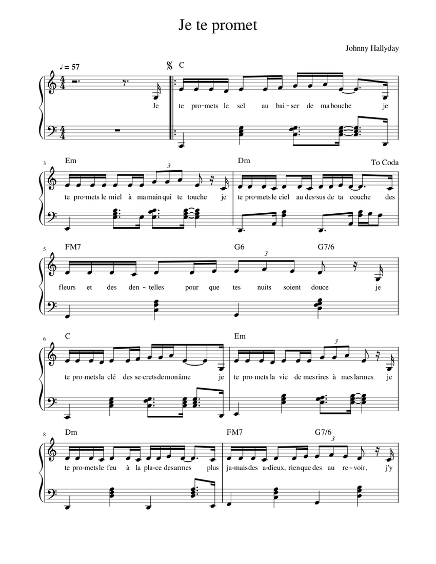 Johnny Hallyday - Je te promets Sheet music for Piano (Solo) | Musescore.com