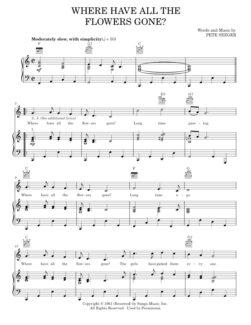 where have all the flowers gone Sheet music for Piano, Vocals by Pete
