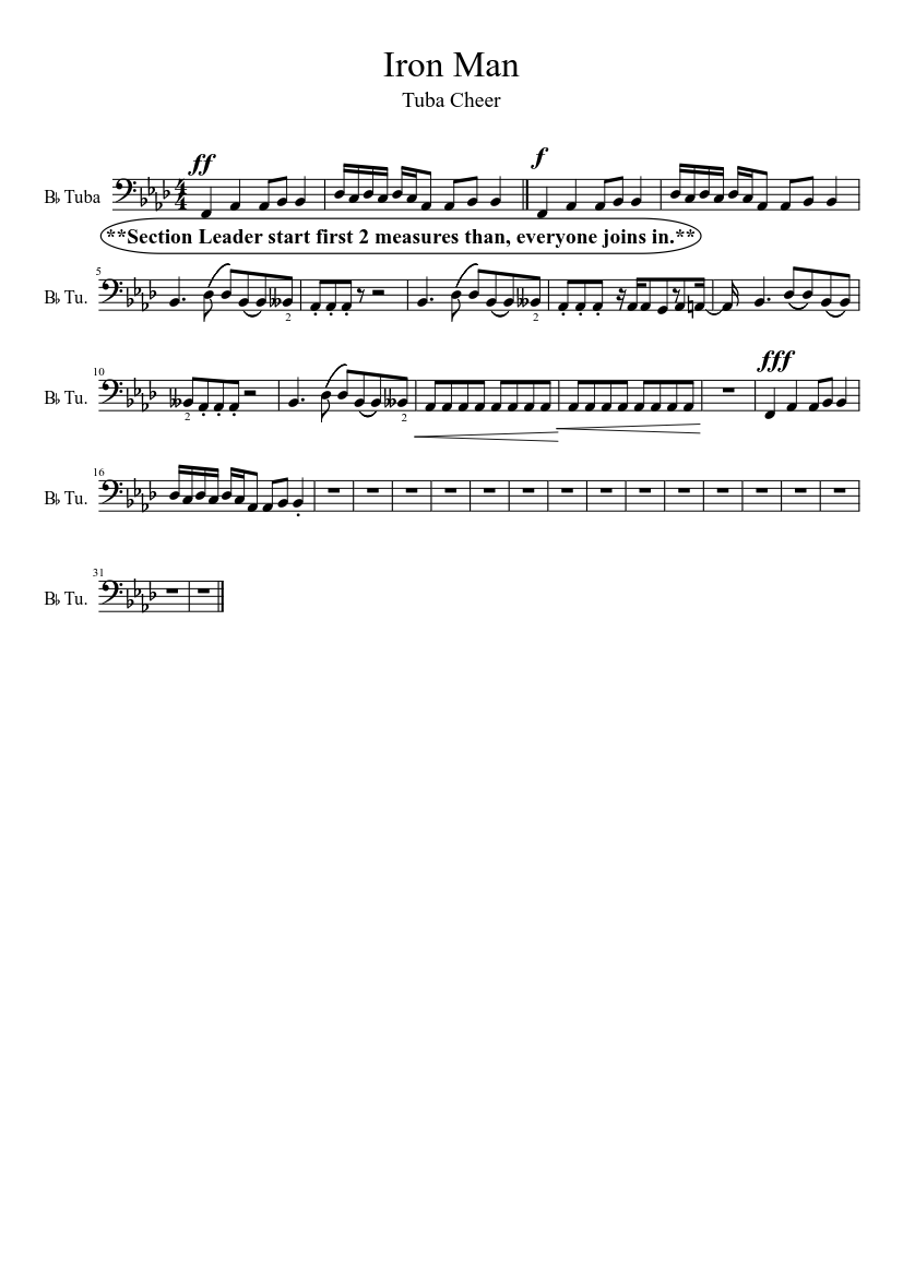 Iron Man Tuba Cheer Sheet Music For Tuba Solo Musescore Com