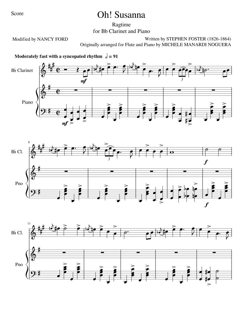 Oh! Susanna (Ragtime) Stephen Foster (Bb and Piano) Sheet