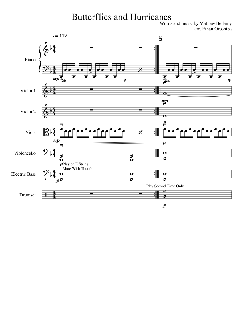 Butterflies and Hurricanes Sheet music for Piano, Violin, Viola, Cello