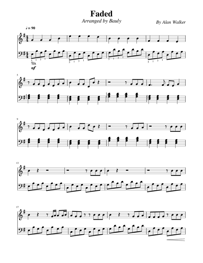 Faded Easy Version Sheet Music For Piano Solo Musescore Com