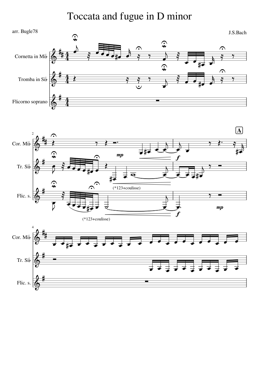 Toccata and fugue in D minor Sheet Music for Cornet, Flugelhorn ...