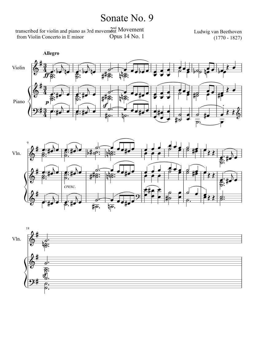 Beethoven- Piano E-dur, known as Violin Concerto e-moll, 3rd movement Sheet music for Piano, Violin (Solo) | Musescore.com