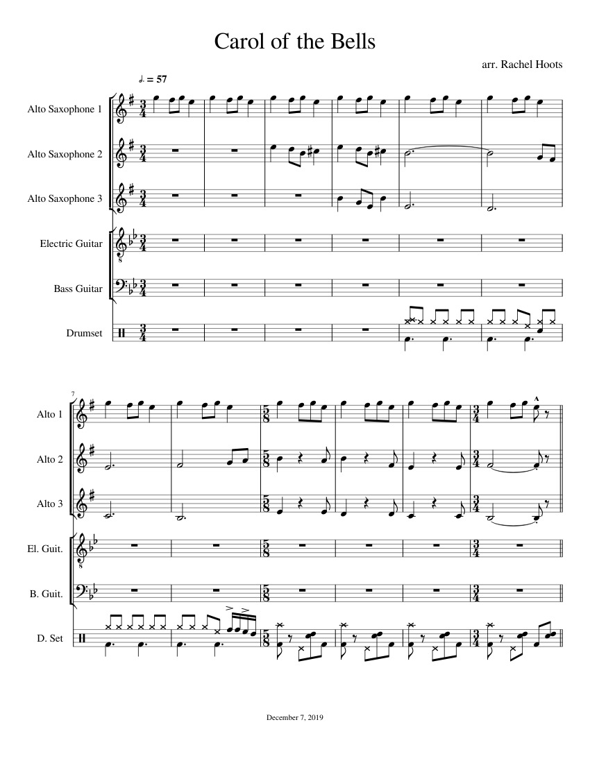 Carol of the Bells Sheet music for Saxophone alto, Guitar, Bass guitar ...