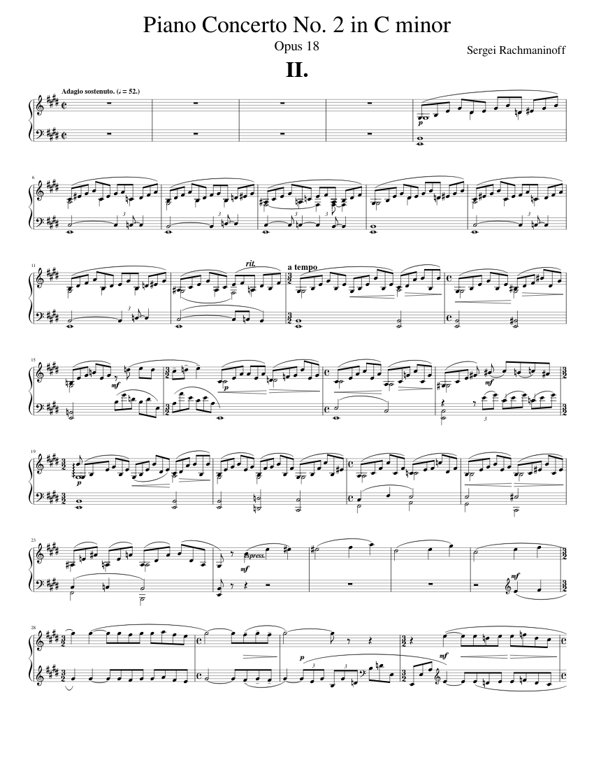 Rachmaninoff - Piano Concerto No. 2 (Op. 18) - 2nd Mvmt - Piano Solo Sheet  music for Piano (Solo) | Musescore.com