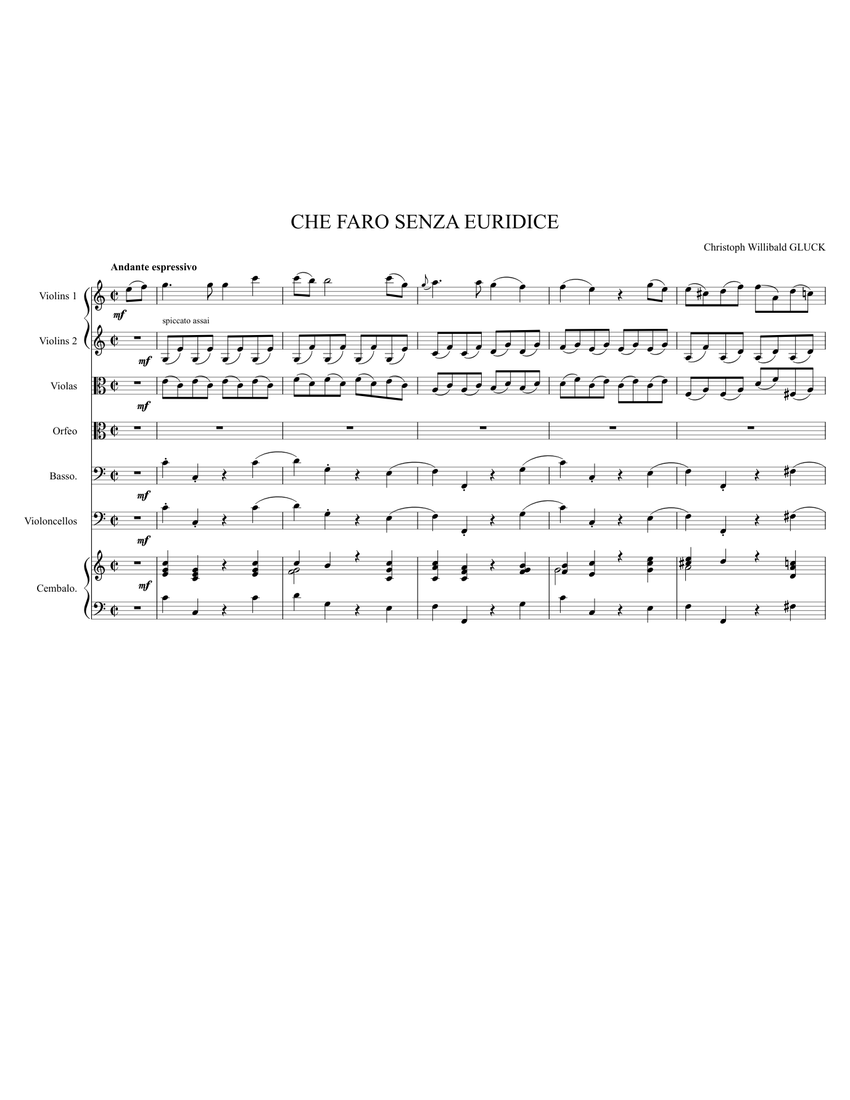 CHE FARO SENZA EURIDICE (Orfeo e Euridice) - C.-W. GLUCK Sheet music for  Piano, Harpsichord, Contrabassoon, Strings group (Mixed Ensemble) |  Musescore.com