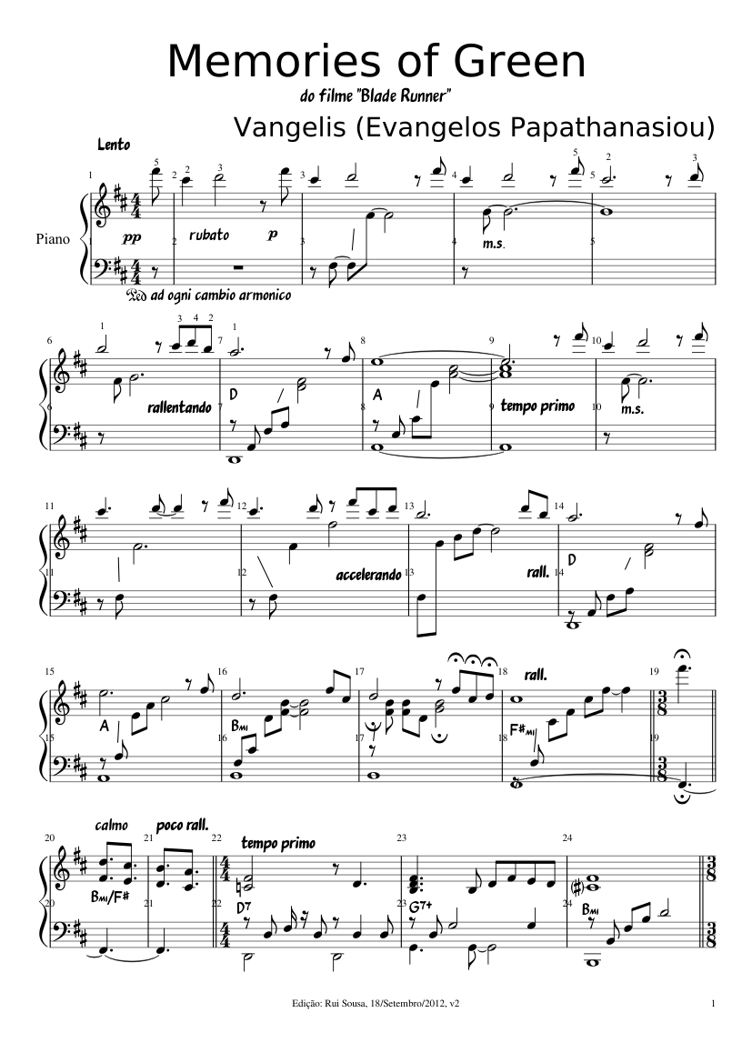 Memories of Green - Vangelis Sheet music for Piano (Solo) | Musescore.com