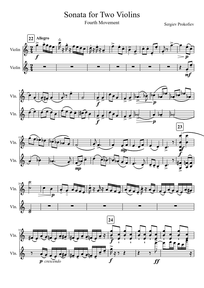 Prokofiev: Sonata for Two Violins (Movement IV) Sheet music for Violin ...