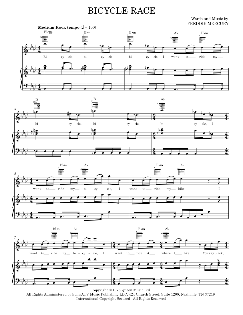bicycle race Sheet music for Piano, Vocals by Queen Official | MuseScore.com