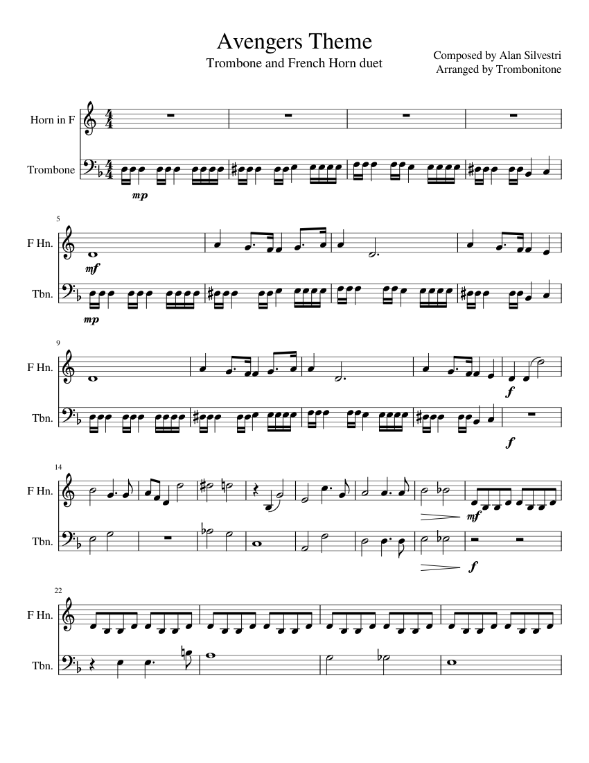 Avengers Theme French Horn and Trombone Duet Sheet music for Trombone,  French horn (Brass Duet) | Musescore.com