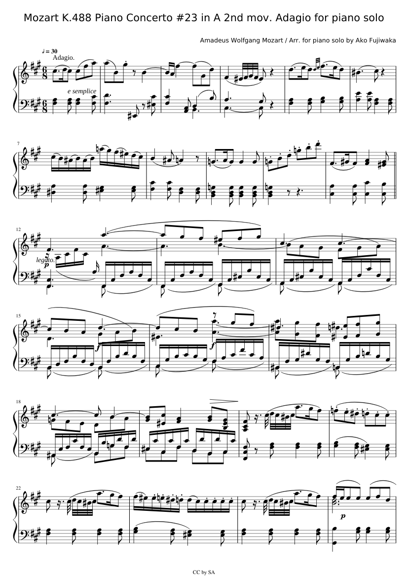 Mozart K.488 Piano Concerto #23 in A 2nd mov. Adagio for piano solo Sheet  music for Piano (Solo) | Musescore.com