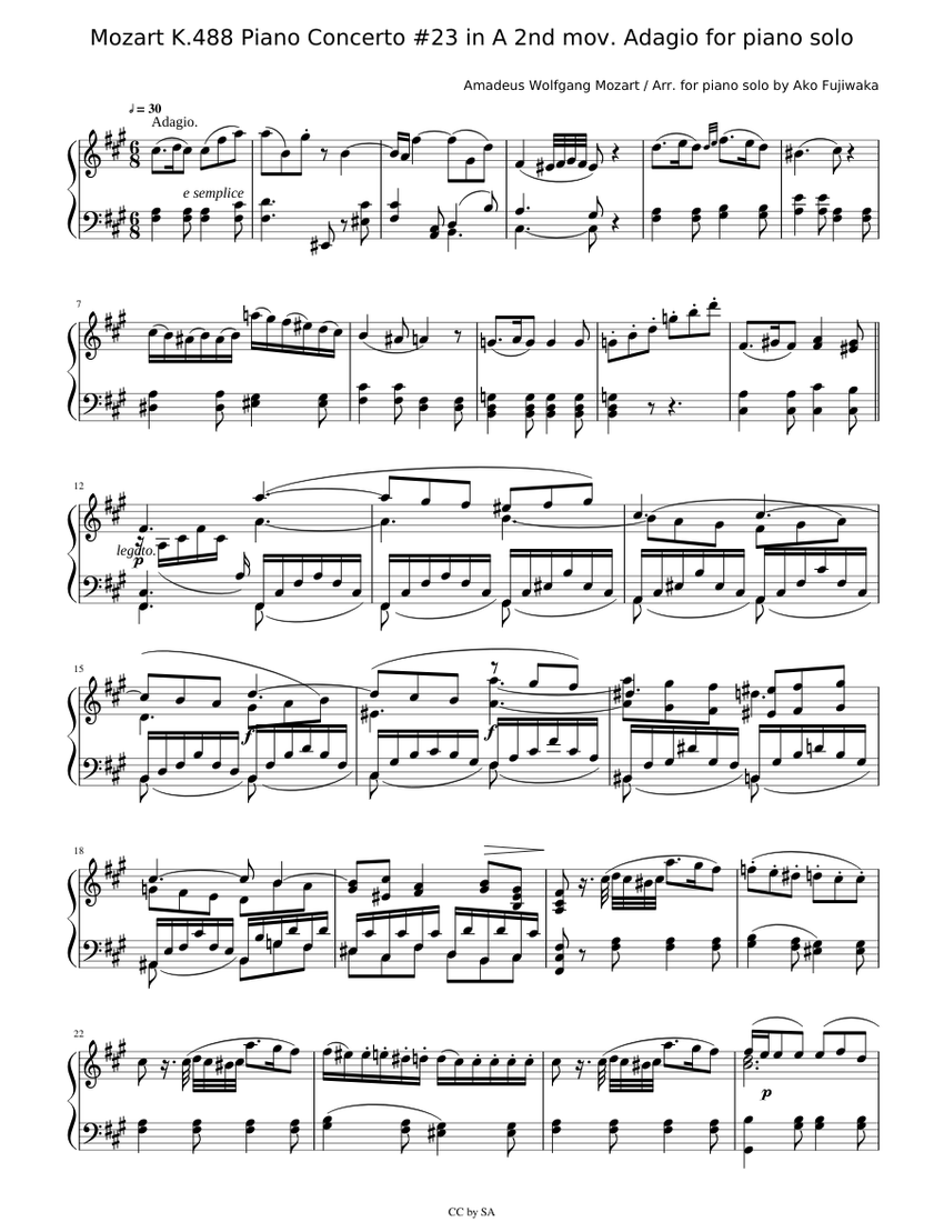 Mozart K.488 Piano Concerto #23 in A 2nd mov. Adagio for piano solo Sheet  music for Piano (Solo) | Musescore.com