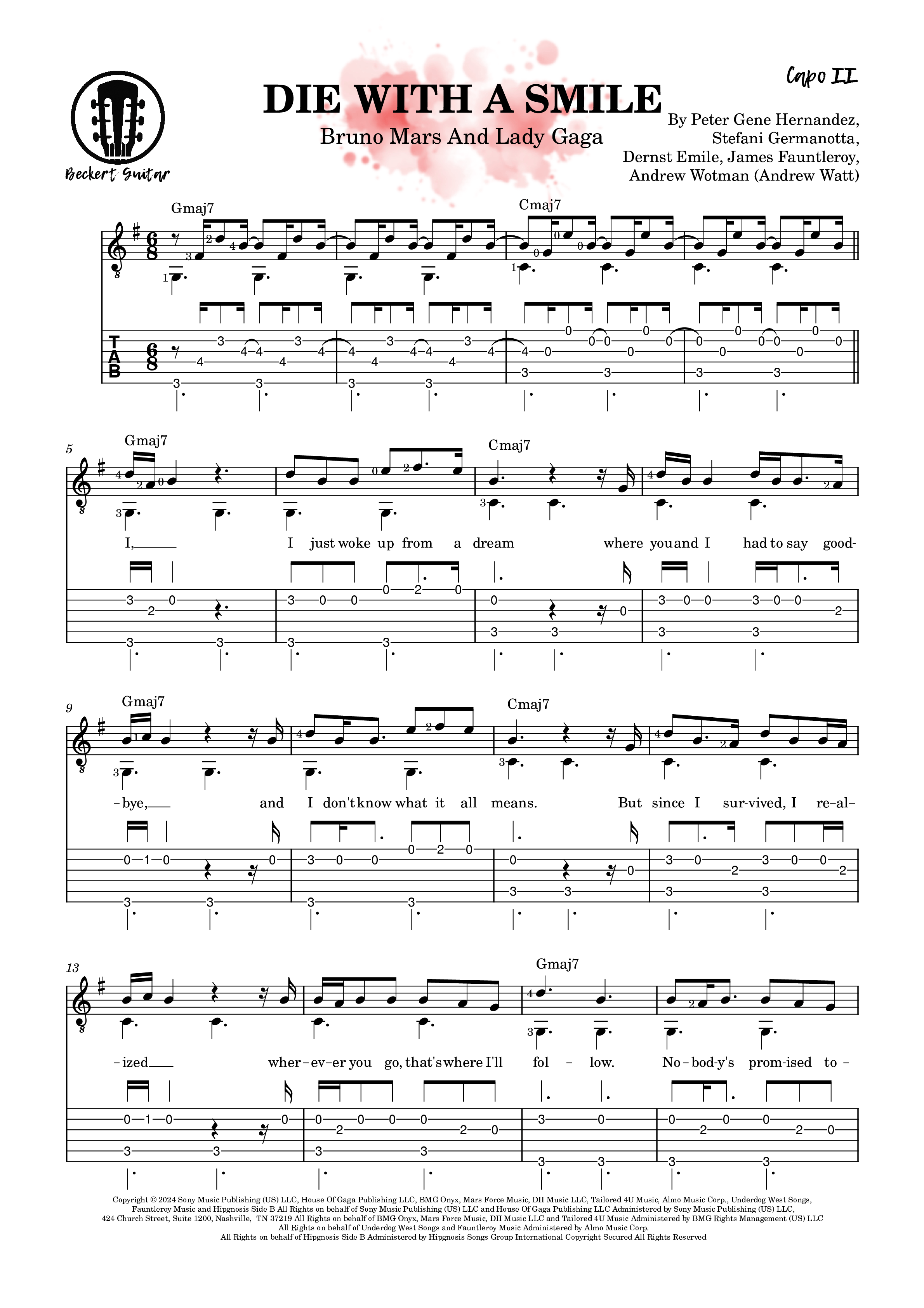 Die With A Smile の公式楽譜を演奏する by Lady Gaga, Bruno Mars